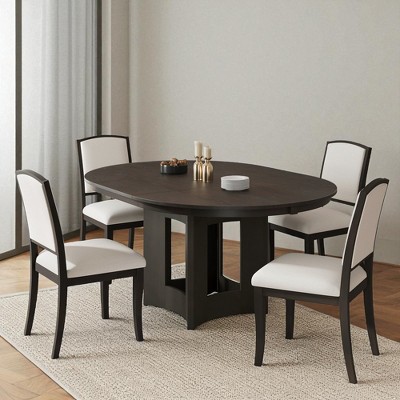 Mshliw 5-Piece Extendable Round Dining Table Set for 4, Solid Wood Pedestal Table with 16" Removable Leaf and 4 Upholstered Chairs for Small Spaces