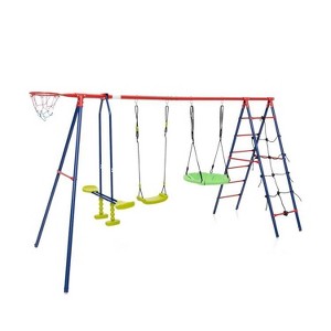 Gymax 6-in-1 Patio Kids Swing Set A-Shaped Metal Swing Frame w/ Climbing Net Ladder Saucer Swing Belt Swing Glider & Basketball Hoop Red + Blue - 1 of 1