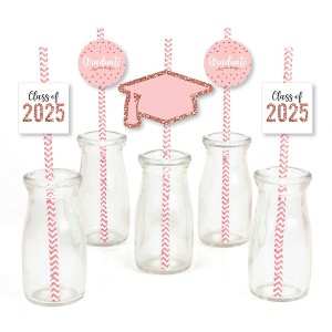 Big Dot of Happiness Rose Gold Grad - Paper Straw Decor - 2025 Graduation Party Striped Decorative Straws - Set of 24 - 1 of 4