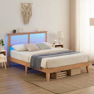 Wood Bed Frame with Lights, Natural Rattan Headboard, Solid Wood Foundation with Silent Slats, No Box Spring Needed, Easy Assembly - 1 of 4