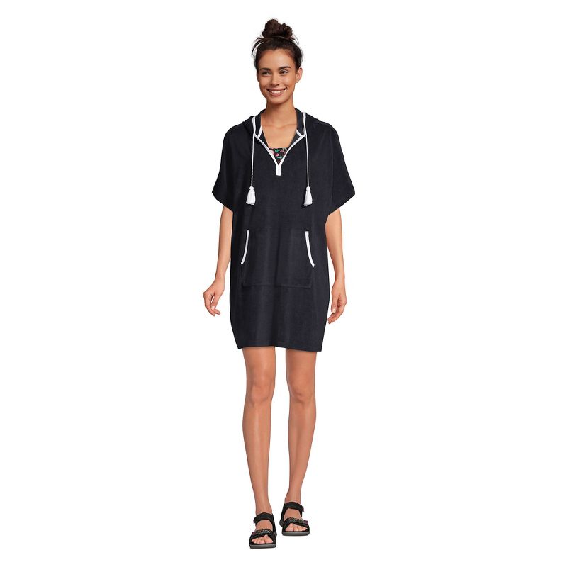 Lands' End Women's Terry V-neck Short Sleeve Hooded Swim Cover-up Dress with Pocket, 1 of 5