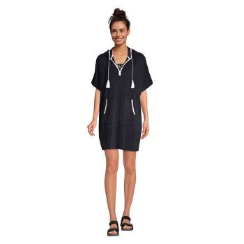 Lands' End Women's Terry V-neck Short Sleeve Hooded Swim Cover-up Dress with Pocket