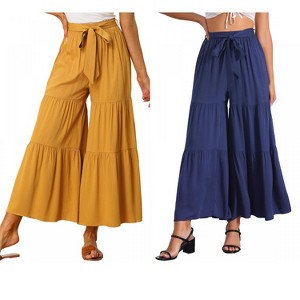 INSPIRE CHIC Women's Boho Elastic High Waist Tie Belt Ruffle Hem Wide Leg Palazzo Pants 2 Packs - 1 of 4