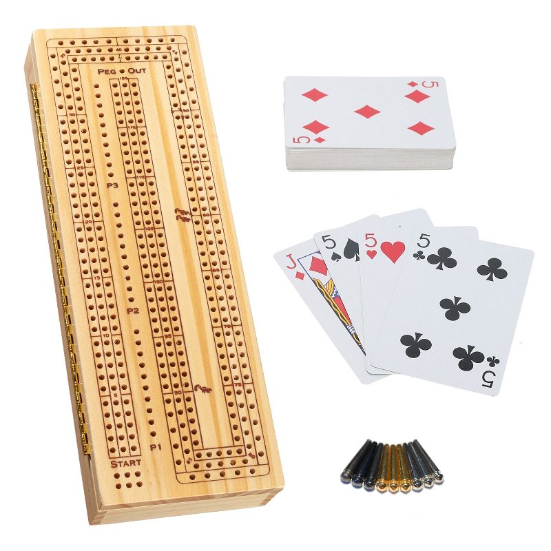 WE Games 3 Player Wooden Cribbage Set - Easy Grip Pegs and 2 Decks of Cards Inside of Board, 1 of 4