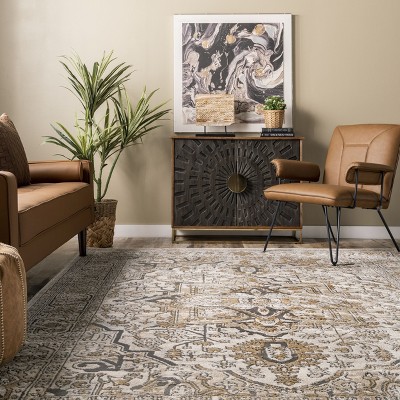 Beige Rectangular Synthetic Medallion Area Rug, 5' x 8'