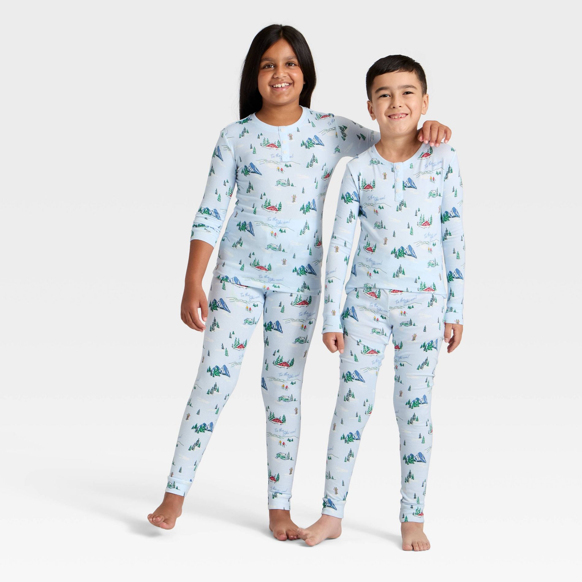 Kids' "Tis the Ski-son!" Cozy Knit Long Sleeve Shirt and Pants Holiday Matching Family Pajama Set - Wondershop™ Blue