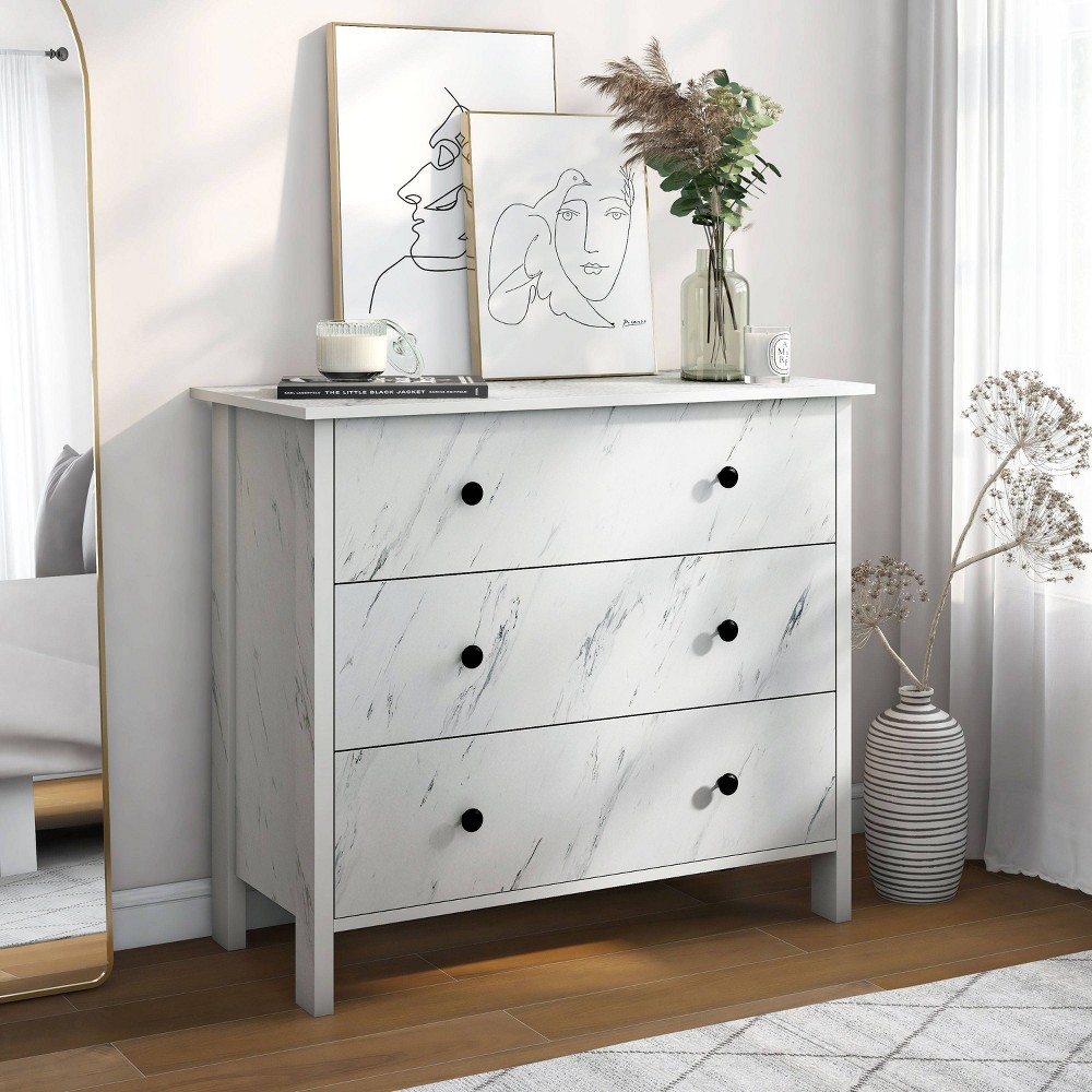 Fichte Transitional 3 Drawer Faux Marble Dresser White Marble - miBasics: Elegant Storage, MDF & Particle Board Construction
