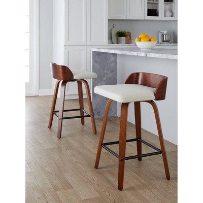 Beige Swivel Upholstered Counter Stool with Wood and Metal Frame