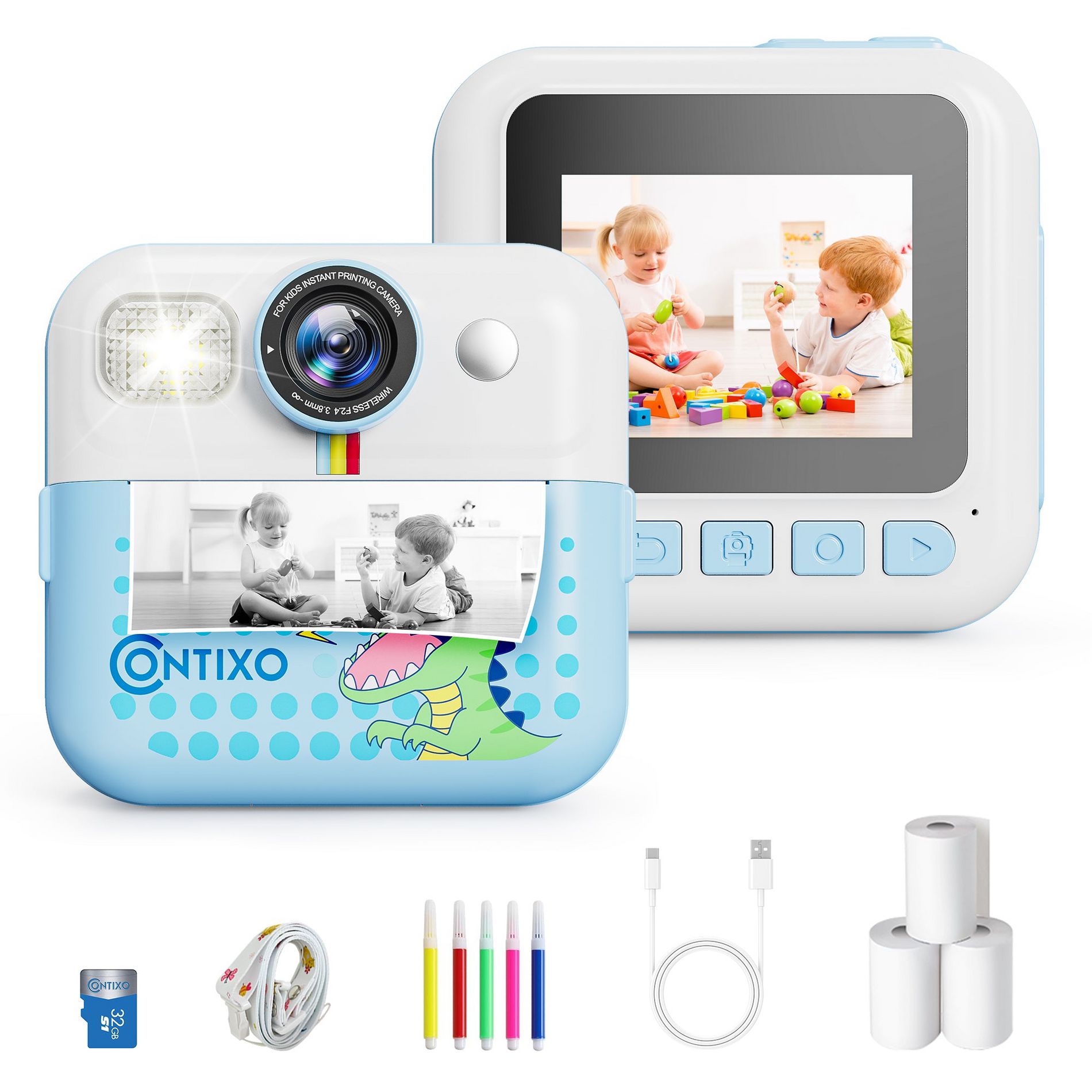 Contixo KC4 Kids Instant Print Camera, HD 1080P Digital Camera with 3 Rolls of Paper & 32G Card, 16X Zoom, Games & MP3, Ages 3-12