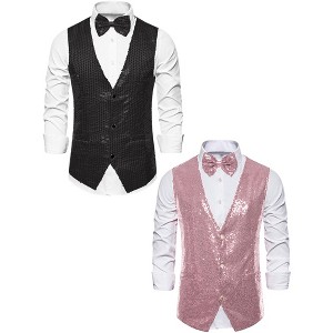 Lars Amadeus Men's Sleeveless Sparkle Sequin Party Prom Waistcoat with Bow Tie 2 Packs - 1 of 4