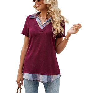 Women's Contrast Collared Shirts Patchwork Work Blouse Tunics Tops - 1 of 4