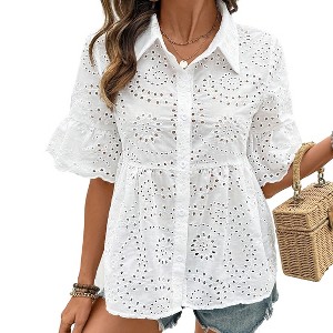 Womens Collar Neck Lace Jacquard Short Sleeve Button Down Shirt - 1 of 4