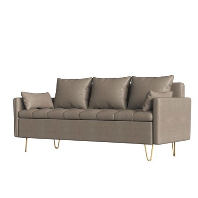 Modern 3-Seater Faux Leather Sofa with Lift-Up Chaise & Hidden Storage – Adjustable Height Lounge Couch with 5 Decorative Pillows, Brown