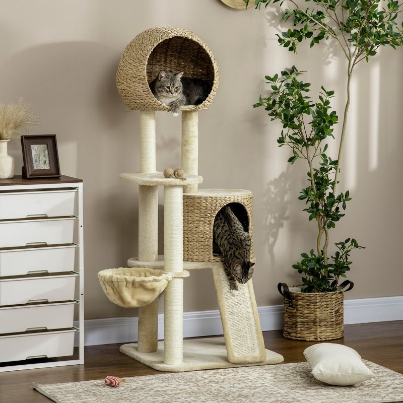 PawHut 59 Inch Cat Tree for Indoor Cats, Cat Tower with Cat Condo, Hammock, Perches, Scratching Posts, Ramp for Large Cats, Beige, 3 of 7