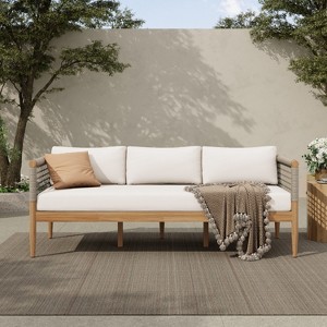 Christopher Knight Home Flynn 75" Rustic Outdoor Acacia Wood 3-Seater Sofa with Cushions and Rope Woven Arms - 1 of 4