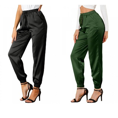 Allegra K Women's Drawstring Elastic Waist Ankle Length Satin Joggers with Pocket 2 Pcs
