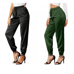 Allegra K Women's Drawstring Elastic Waist Ankle Length Satin Joggers with Pocket 2 Pcs - 1 of 4