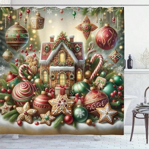 Christmas Shower Curtain, Gingerbread House with Xmas Ornaments, Snowy Details, 69 Wx 70 L, Green, Brown, Dark Pink - 1 of 3