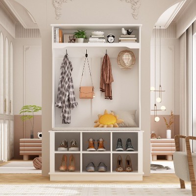 FUFU&GAGA Hall Tree with Bench Coat Rack for Entryway 6 Storage Cube