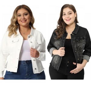 Women's Plus Size 2 Pieces Classic Denim Front Frayed Casual Long Sleeve Fashion Jean Jackets - Agnes Orinda - 1 of 4