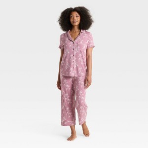 Women's Cloud Knit Short Sleeve Notch Collar Top and Cropped Pants Pajama Set - Auden™ - 1 of 3
