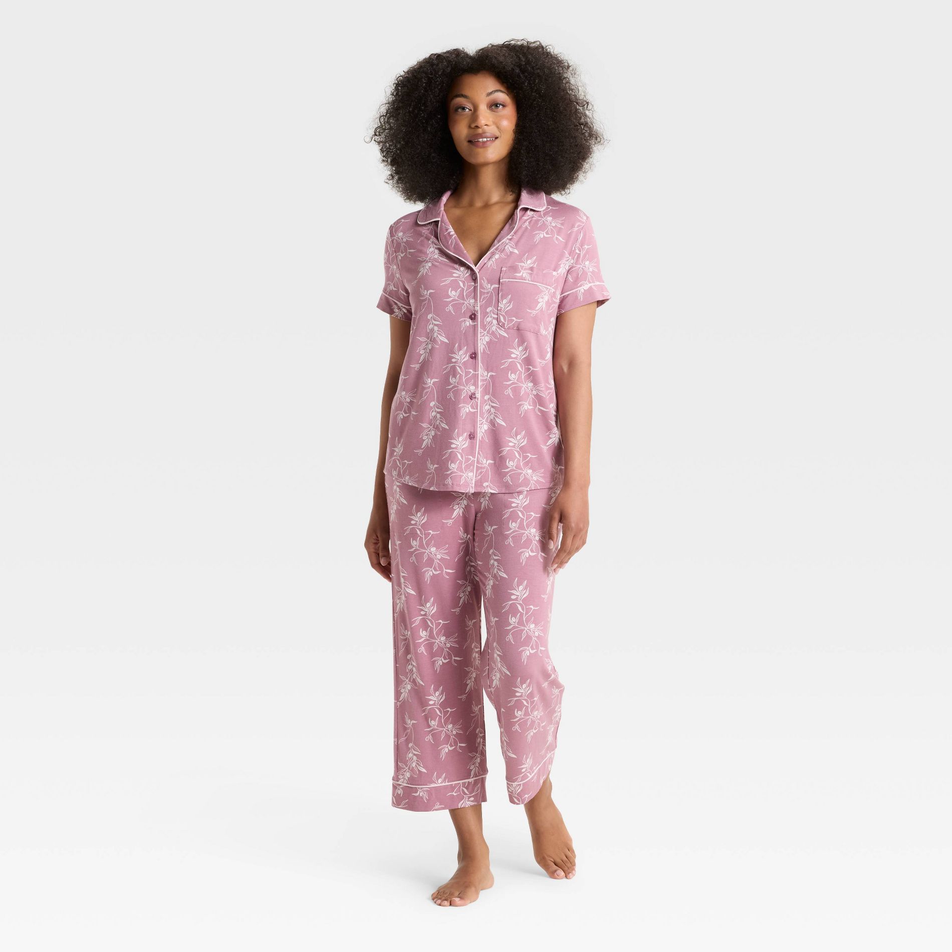Women's Cloud Knit Modal Short Sleeve Notch Collar Top and Capri Pants Pajama Set - Auden™