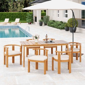 7 PCS Rustic Style Patio Dining Set, Dining Set with Armrest and Armless Chairs, Dining Chair with Acacia Wood Frame and Cushion-Coolbibila - 1 of 4
