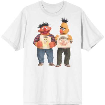 Sesame Street Bert And Ernie Waterprint Crew Neck Short Sleeve White Men's T-shirt