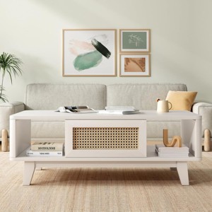 SEVOBAL Coffee Tables Modern Square Coffee Table with Rattan Drawer, Stylish Living Room Centerpiece for Fashioner, White, 23.5"*43.7"*15.7" - 1 of 4