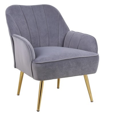 Vynxaria Gray Velvet Fabric Accent Chair with Gold Legs for Living Room and Bedroom