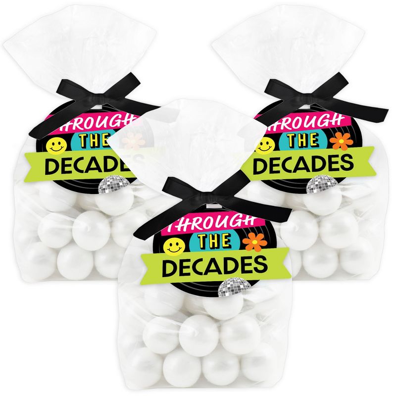 Big Dot of Happiness Through the Decades - 50s, 60s, 70s, 80s, and 90s Party Clear Goodie Favor Bags - Treat Bags With Tags - Set of 12, 1 of 9