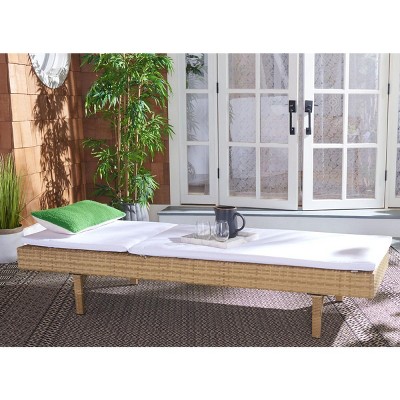 Natural Wicker Outdoor Chaise Lounger with White Cushions