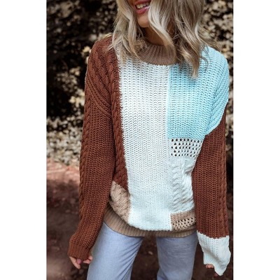 Women's Textured Knit Colorblock Patchwork Sweater - 1 The Women's Textured Knit Colorblock Patchwork Sweater - 1 The