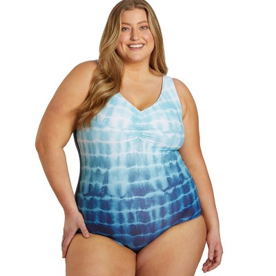 Sporti Sporti Plus Size Shibori Conservative Printed Ombre Girl Leg One Piece Swimsuit Sea Foam 18W