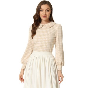 Allegra K Women's Peter Pan Collar Fashion Puff Long Sleeve Houndstooth Plaid Blouse - 1 of 4
