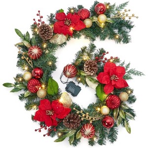 6FT Prelit Christmas Garland with Battery Operated Lights, Berries Poinsettia, Indoor Outdoor Xmas Garland for Fireplace Stairs Holiday Decorations - 1 of 4