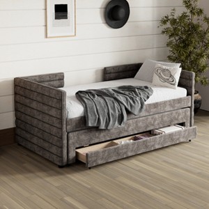 ModernLuxe Twin Size Upholstered Daybed Frame with Trundle & 3 Storage Drawers, Short-haired Linen  Sofa Bed for Guest Room, Beige/Gray/Dark Blue - 1 of 4