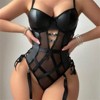 Clotth Teddy Bodysuit - Strappy Lace Up Underwire, Sheer Mesh Leather Teddy Bodysuit, Bodysuit Lingerie Top with Sock clip, Black - 2 of 4