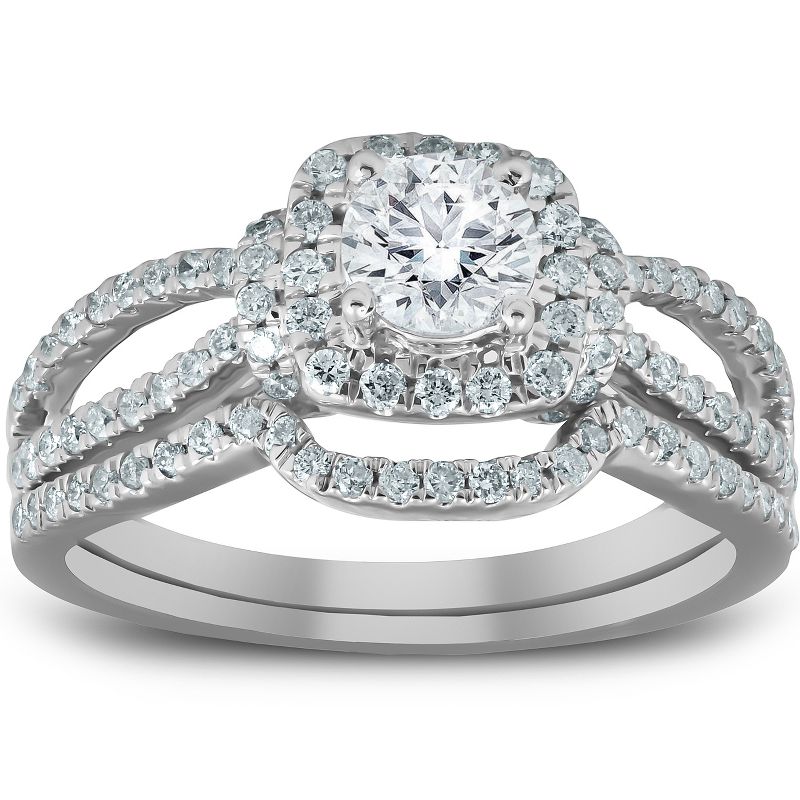 Pompeii3 1 1/4 Ct Cushion Halo Split Band Halo Diamond Engagement Wedding Ring White Gold, 1 of 5