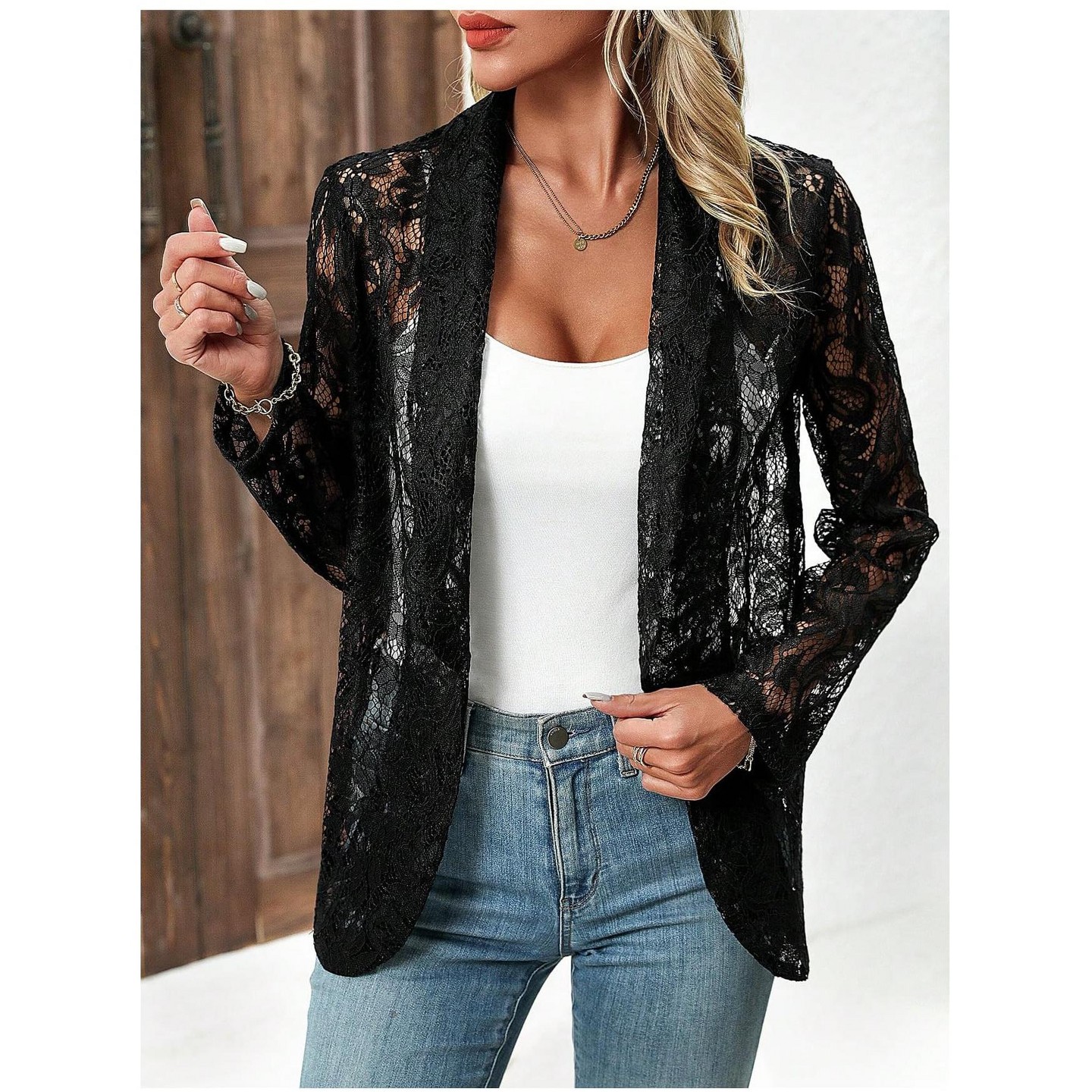 Женские кардиганы YesFashion Long Sleeve Floral Lace Open Front Blazer Jacket Sheer Lapel Collar Lightweight Cardigan Outerwear Casual Cover Up, XL, Black, цвет: С принтом — фото 1