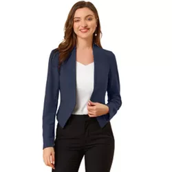 Allegra K Women's Work Office Suit Collarless Casual Cropped Blazer Jacket Navy Large