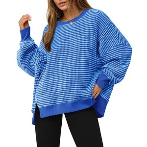 Imily Bela Women's Fall Oversized Waffle Knit Sweatshirt Casual Long Sleeve Crewneck Split Pullover Tunic Tops Blue L - 1 of 4