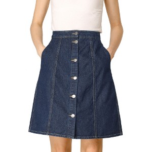 Allegra K Women's Elastic Back Short Button Down Denim Skirts with Pockets - 1 of 4
