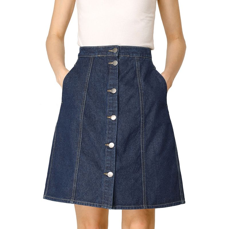 Allegra K Women's Elastic Back Short Button Down Denim Skirts with Pockets, 1 of 7