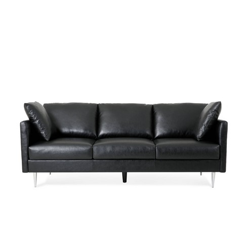 Brockbank Modern Faux Leather 3 Seater Sofa with Pillows Midnight Black Silver Christopher Knight Home