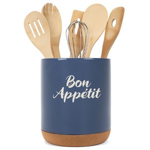 Elanze Designs Bon Appetit Chef Culinary Arts Ceramic Cork Bottom Navy Blue Large Capacity Utensil Holder Crock for Countertop Storage, Stylish & - 1 of 4