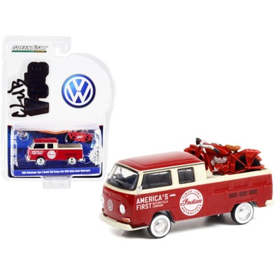1968 Volkswagen Type 2 Double Cab Pickup Truck Red & Cream & 1920 Indian Scout Motorcycle Red 1/64 Diecast Models by Greenlight