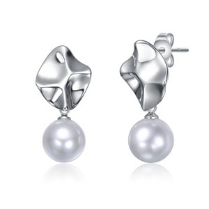 Guili White Gold Plated Drop Earrings with a Modern Abstract Design Showcasing a Beautiful Round Pearl Accent for an Elegant and Chic Aesthetic - 1 of 2