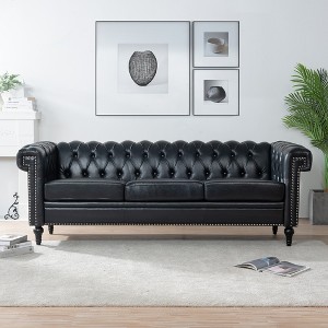 83.66" PU Leather Square Arm 3-Seater Sofa with Removable Cushions and Nailhead Trim - 1 of 4