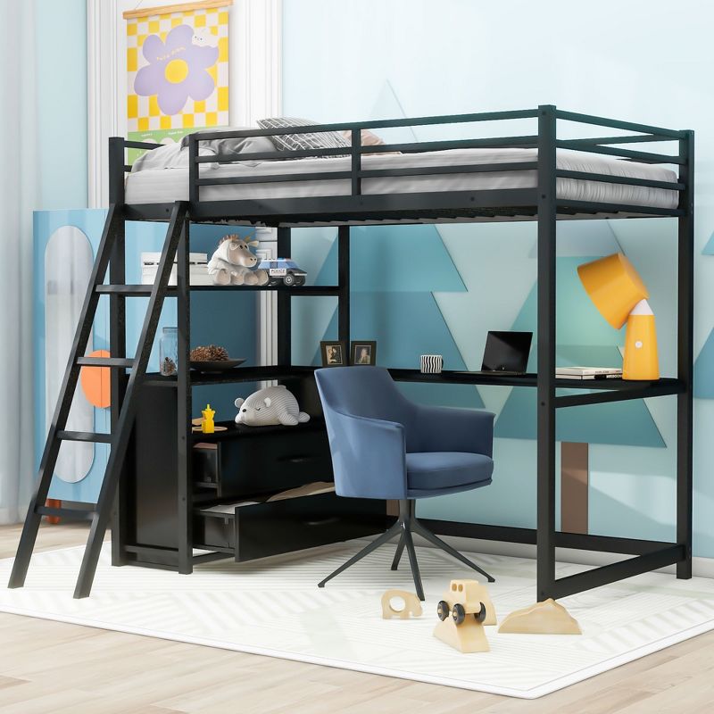 Twin Size Metal Loft Bed with Desk, Shelves and Two Built-in Drawers - ModernLuxe, 1 of 12